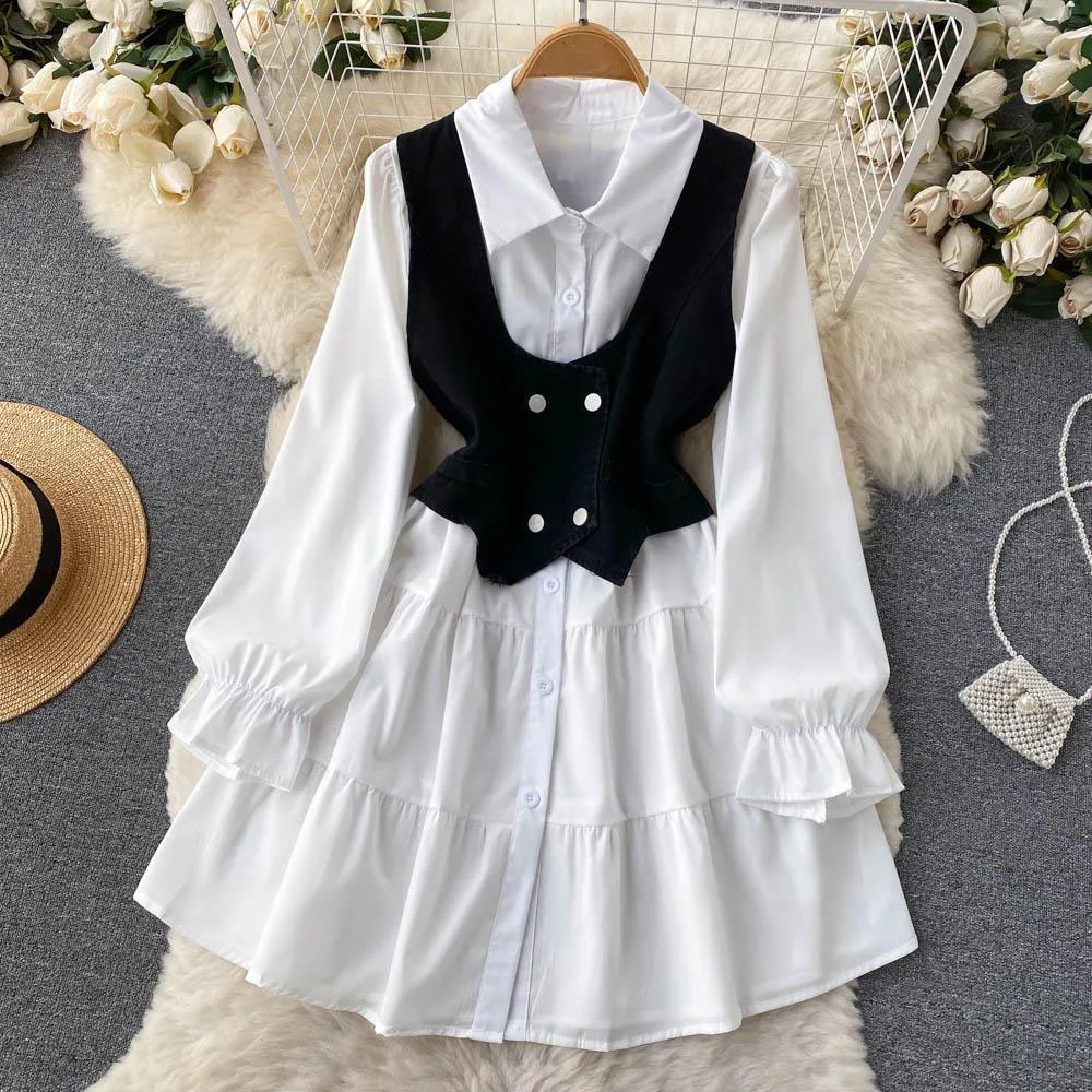 High quality fall set woman pearl sling vest denim top long sleeve dress two piece skirt set