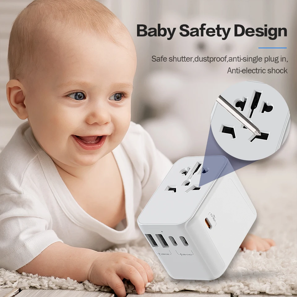 Worldplug International PD Fast Charger Adaptor Universal Travel Power Plug Outlet Adapter with USB and Type-C