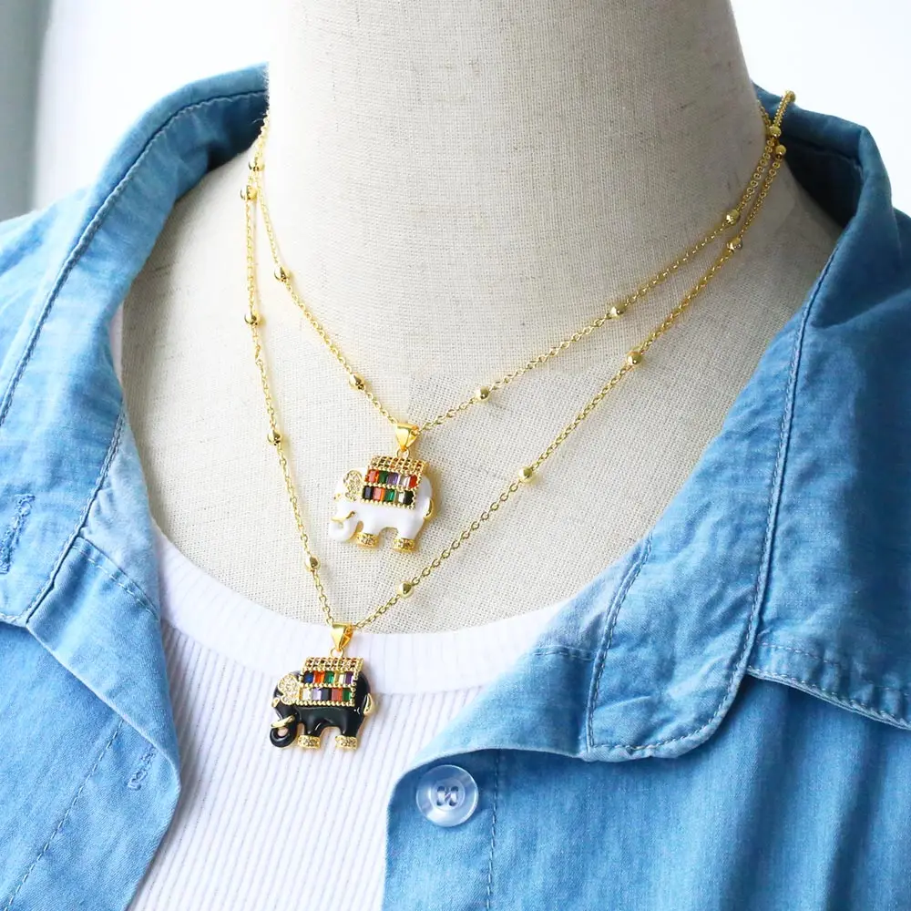 Fashion Black White Enamel Elephant Pendant Necklace Gold Plated Micro Pave Rainbow Zircon Animal Amulet Necklace Women Jewelry