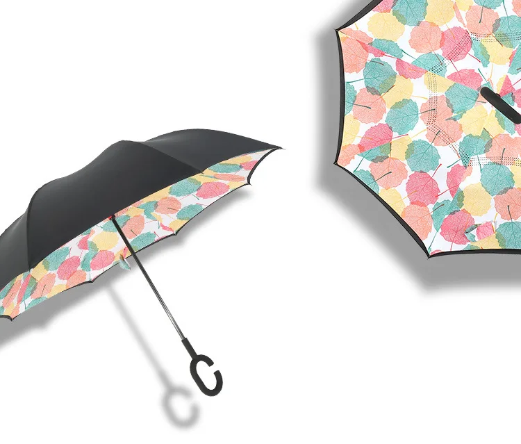 HJH531 Custom LOGO Windproof Reverse C-Hook Male Umbrella Reverse  Folding Long Shank Double Layer Inverted Umbrellas For Women