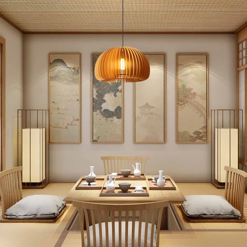Creative Wood Frame Pumpkin Shape Chandelier For Dining Room Bedroom Study Room Japanese Restaurant