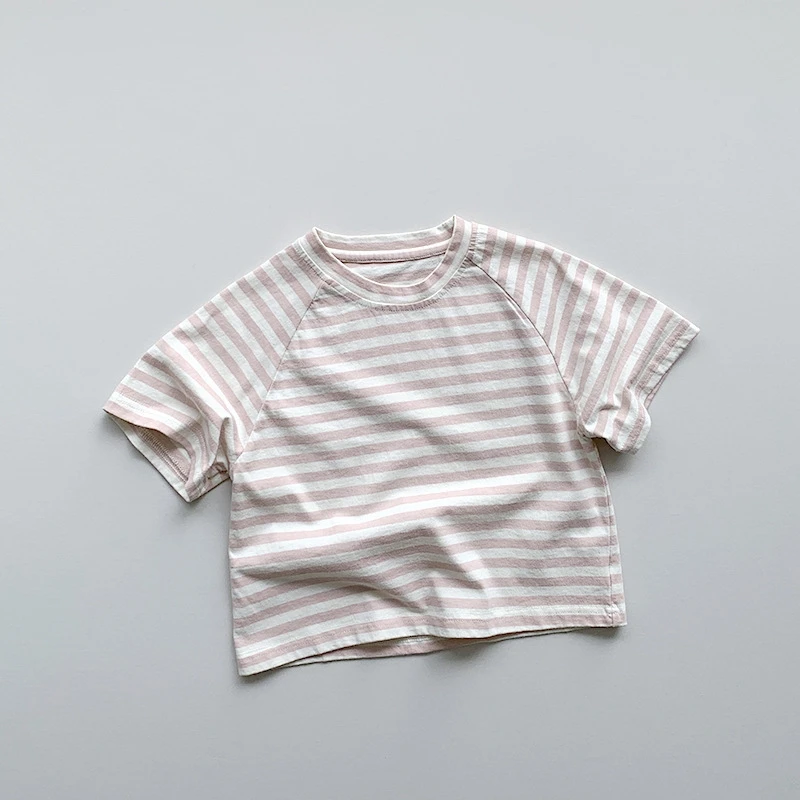 Summer Kids Clothing Macaron Color Children Short Sleeved Striped  New Boys Girls Linen Korean Casual Top Baby T-Shirt