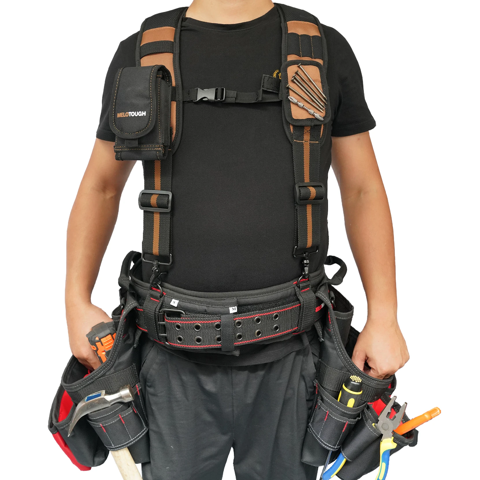 Magnetic Padded Construction Work Suspender Tool Belt Suspenders for pants with Large Moveable Phone Holder