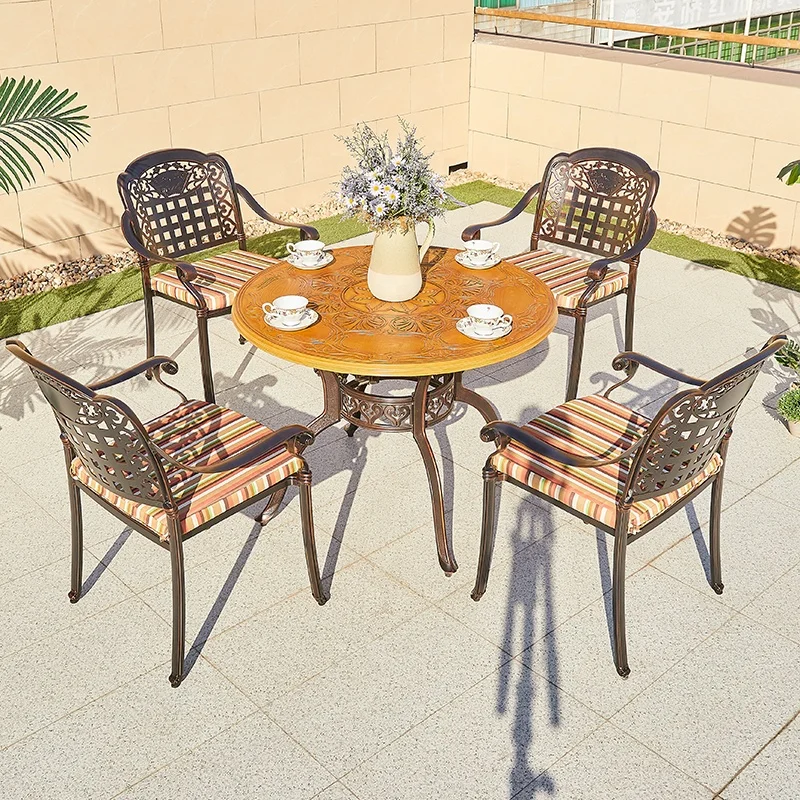 Waterproof Patio Porch Dining Set Furniture Outdoor Garden Bistro Round Cast Aluminum Table and 4 Seater Chairs for Cafe