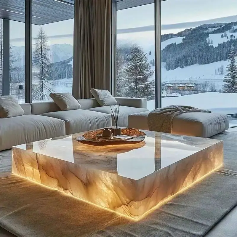 Square Ice Crack Onyx Luminous Coffee Table Tea Table for Bar Pub Restaurant 48' 1200mm Back lighted Translucent Furniture
