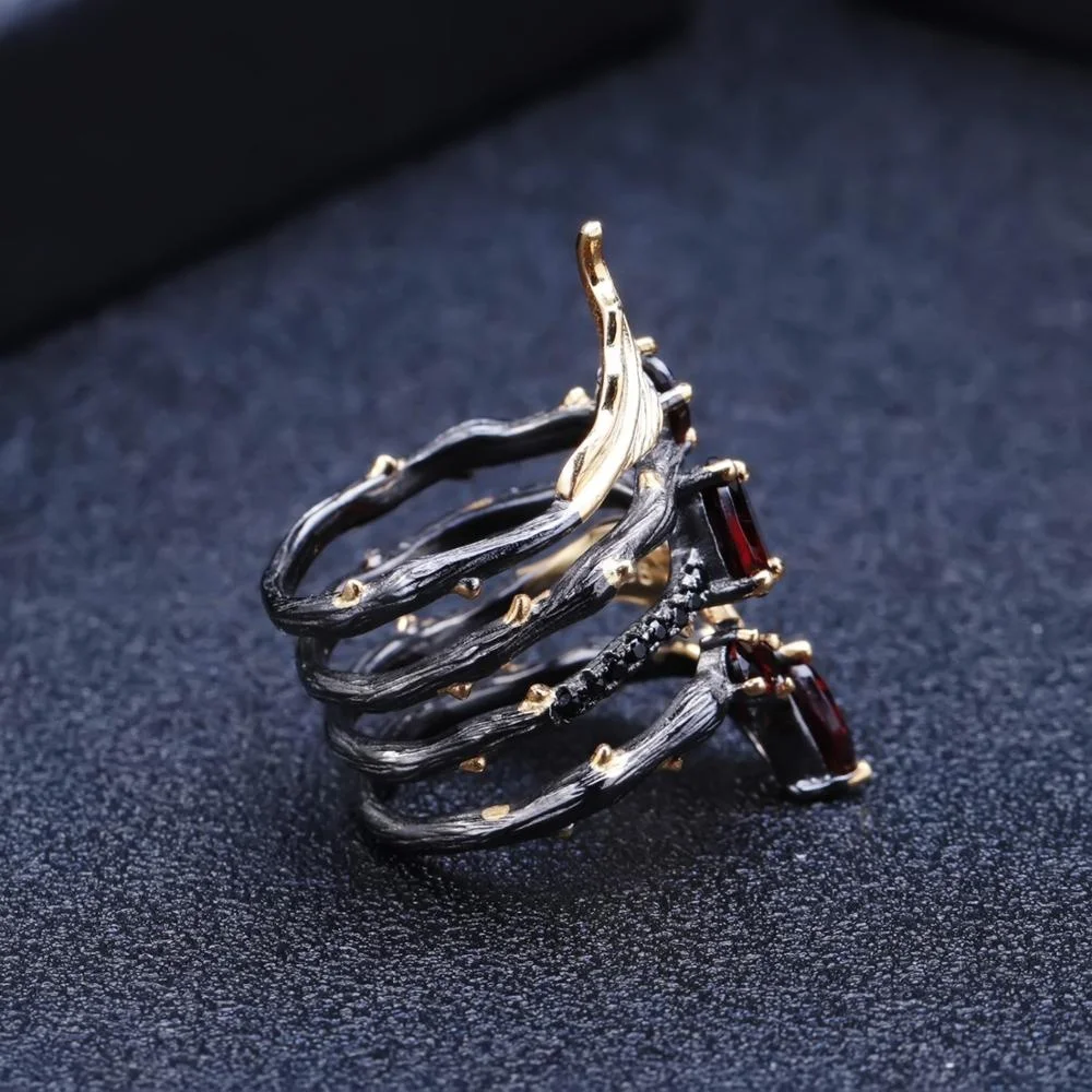 Vintage Gothic Natural Red Garnet Gemstone Jewelry 925 Sterling Silver Ring Women For Party