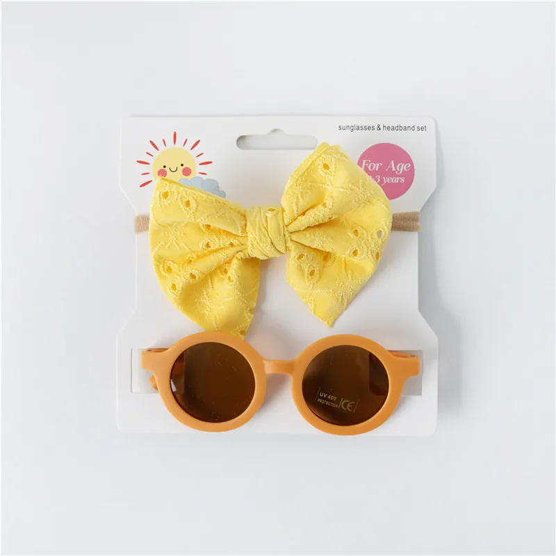 Newborn Baby Hair Accessories Hollow Bow Baby Headband and Sunglasses Set