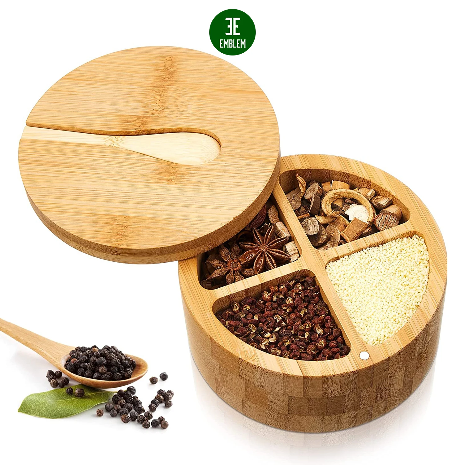 Bamboo Salt Box with Spoon Spice and Seasonings Storage Container with Swivel Magnetic Lid Round Condiment Salt Jar