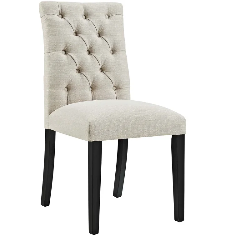Modern Home Design Wooden Restaurant White Wash Finish Linen Fabric Tufted Back Dining Chair