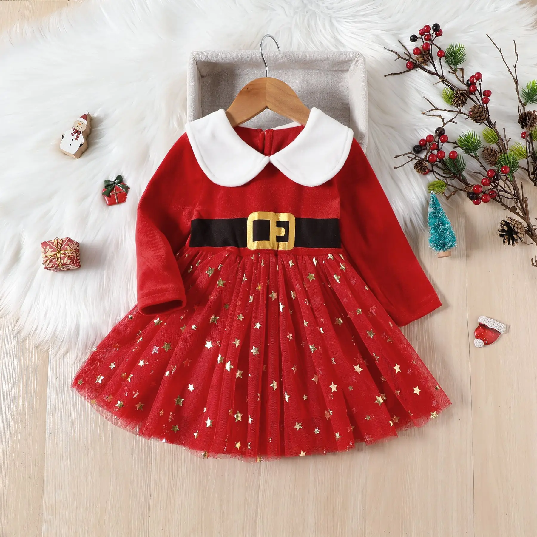 New autumn girls red sequins princess dress kids mesh festival dress Christmas party dress