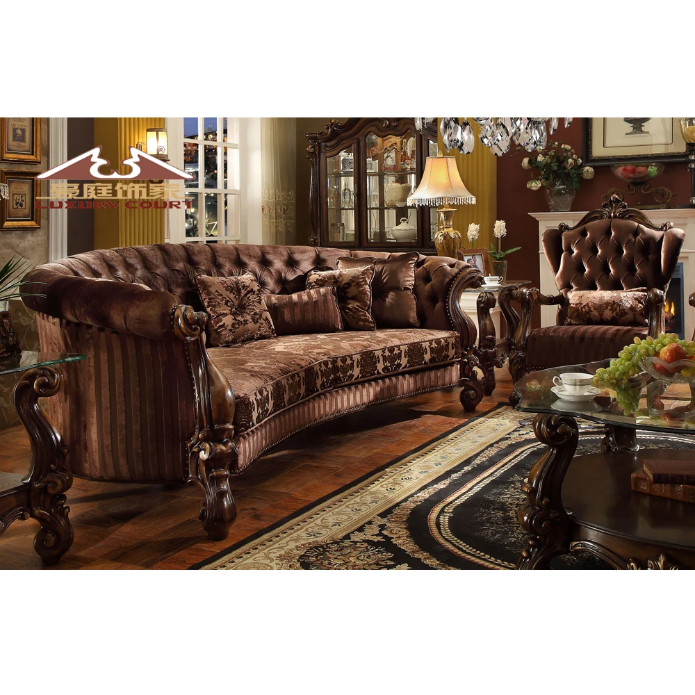 Longhao Wholesale European Luxury Living Room brown coffee antique Sofas Wooden Carved Fabric Cover Home Furniture Classic