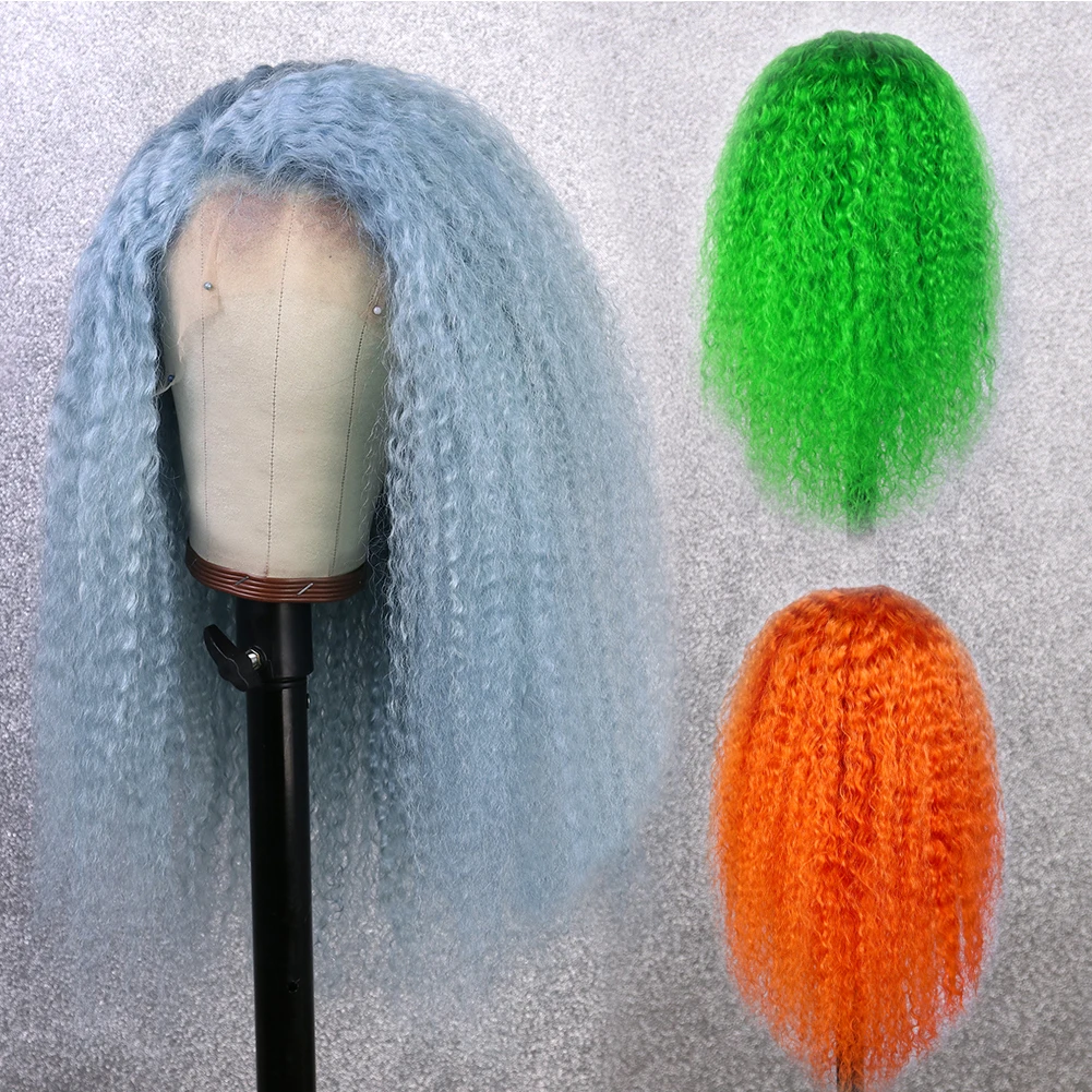 Бразильский Натуральный красочный парик на сетке светло-голубой/зеленый/оранжевый Африканский кудрявый человеческий парик на сетке спереди с детскими волосами заводская цена