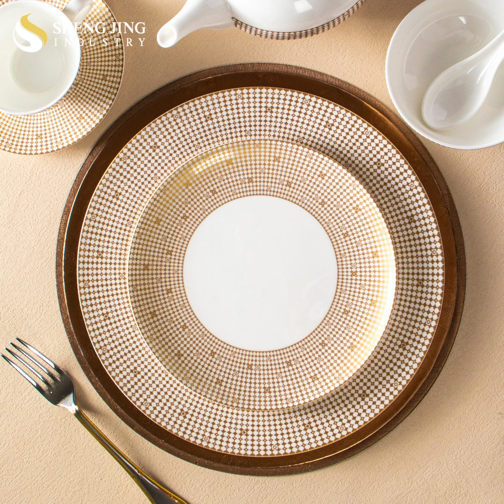 OEM Luxury White Gold Ceramic Dinnerware Set Fine Bone China Tableware Household Restaurant Hotel Ceramic Dinner Sets