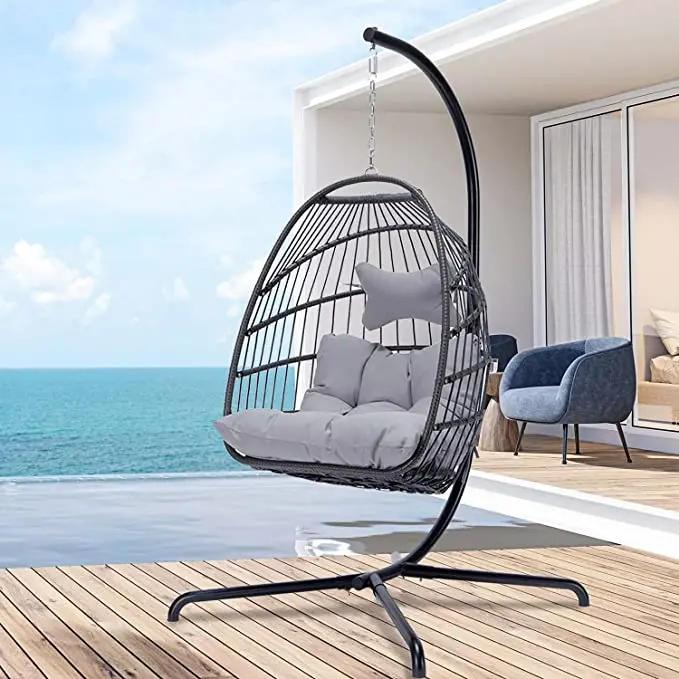 Outdoor furniture garden PE rattan metal stand rattan patio removable hanging egg swing chair
