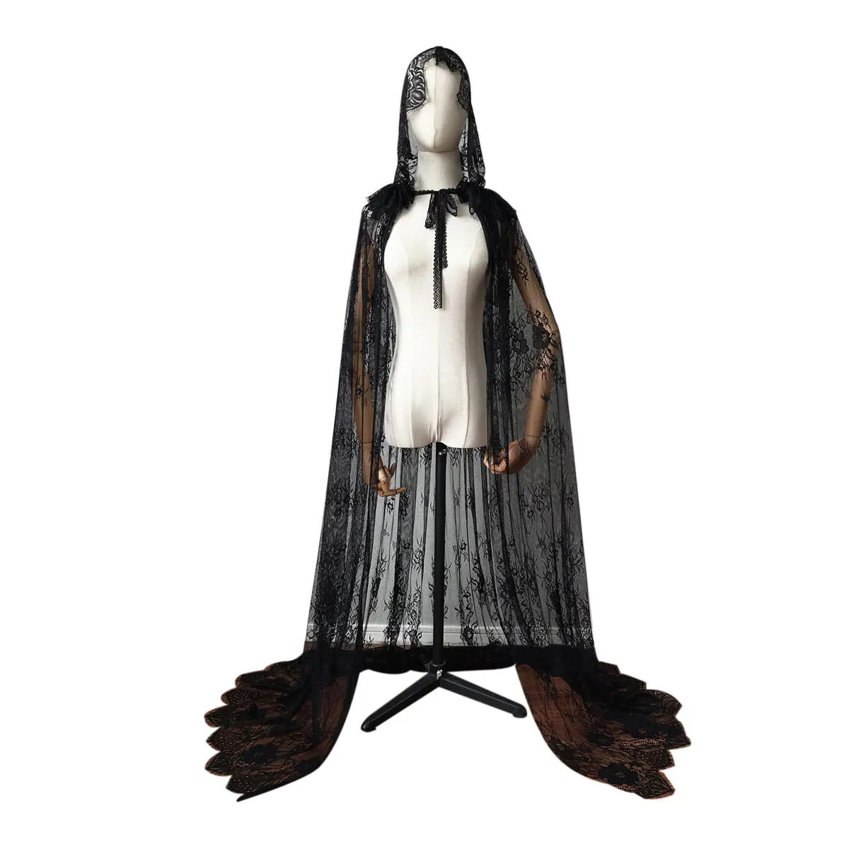 TPC-4 Women Hooded Cape Costume Halloween Ghost Cloak Wedding Bridal Lace Robe Floor Length Perform Cosplay Costumes Party