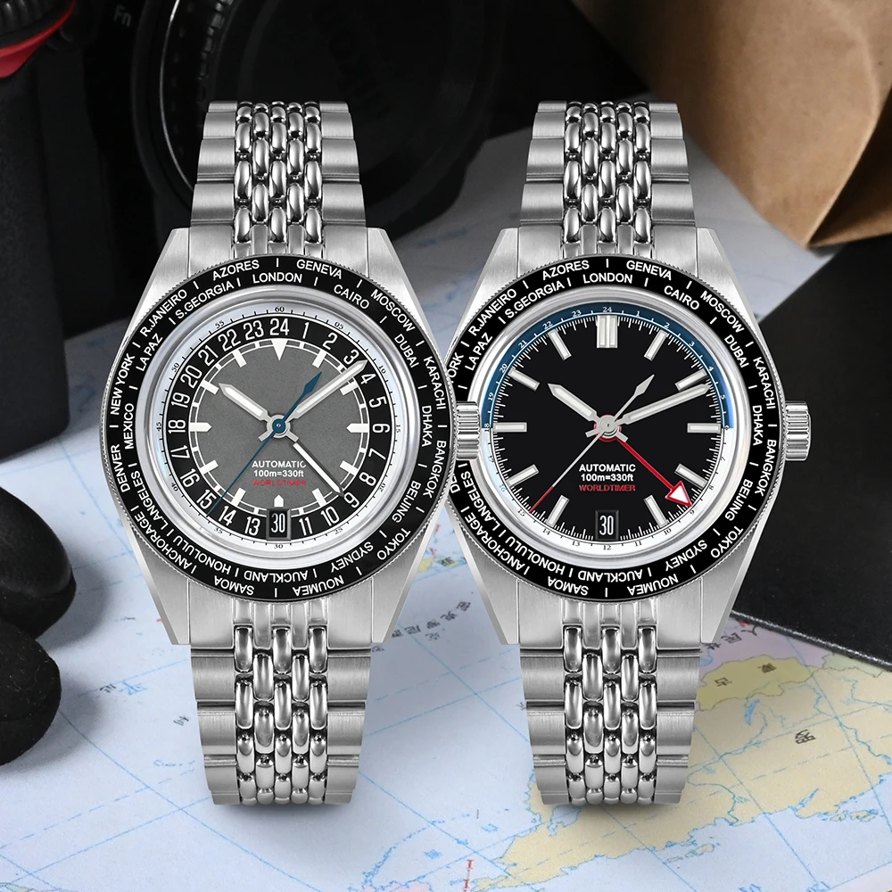 Wholesale custom factory price luxury world timer bezel classical 20atm mechanical automatic Men Diving NH34 GMT Watch for sale