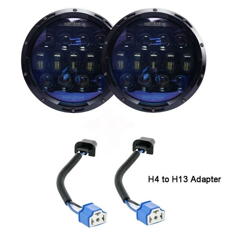 7Inch 130W Round LED Headlights Blue Projector Lens with High Low Beam White DRL Amber Turn Signal for JK CJ