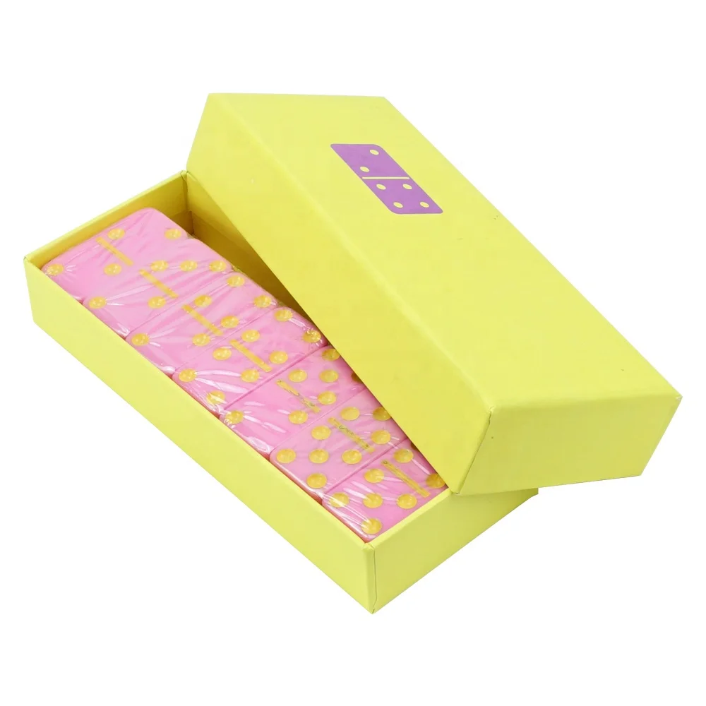 Professional custom pink double 6 domino set yellow dot 28pcs with colour paper box 4006 dominoes set for table game