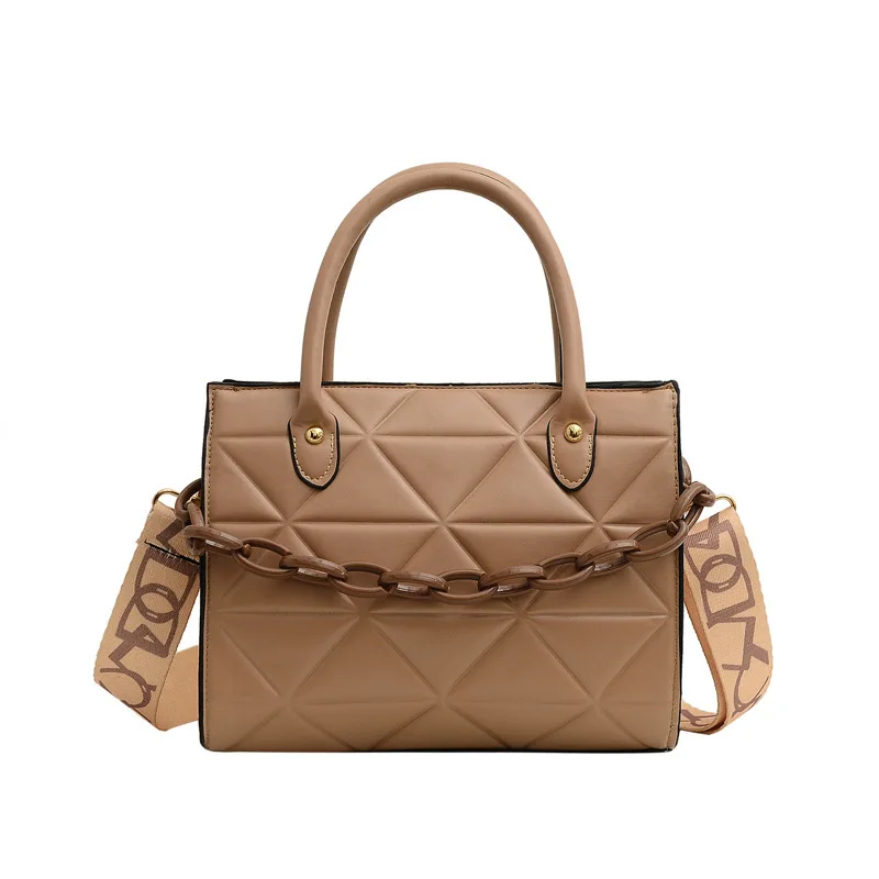 Leather Tote Fashion Embroidered Wide Shoulder Strap Rhombus Carry-on Messenger Bag