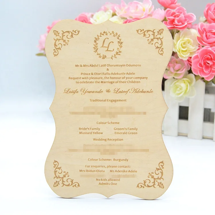 Wedding decoration wood carving laser cut custom wooden wedding invitations