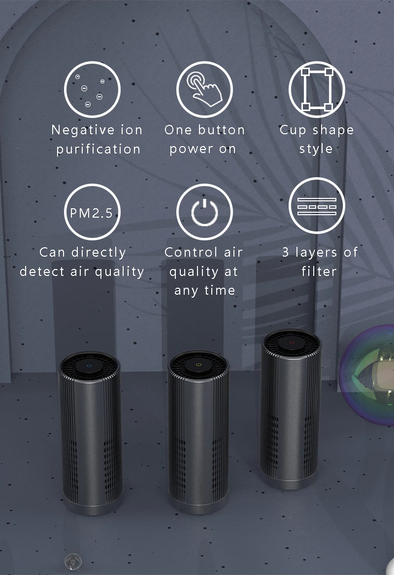 KATALD Hot Selling Portable Black Aluminum Alloy Car Air Purifier with TVOC Air Quality Sensor