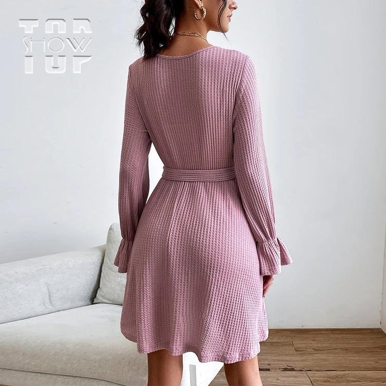 Летнее дышащее трикотажное женское Повседневное платье на заказ, праздничные пикантные платья с длинным рукавом и поясом, хлопковое платье-трапеция с воланом и круглым вырезом