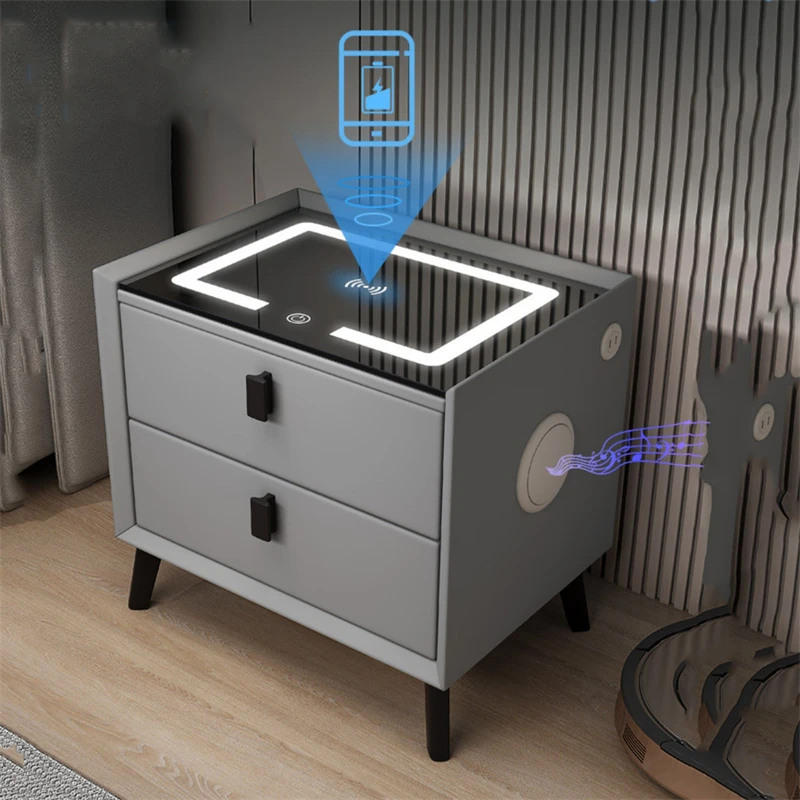 Factory direct sales smart bedside table with wireless induction charging with three-color lighting cabinet solid wood frame