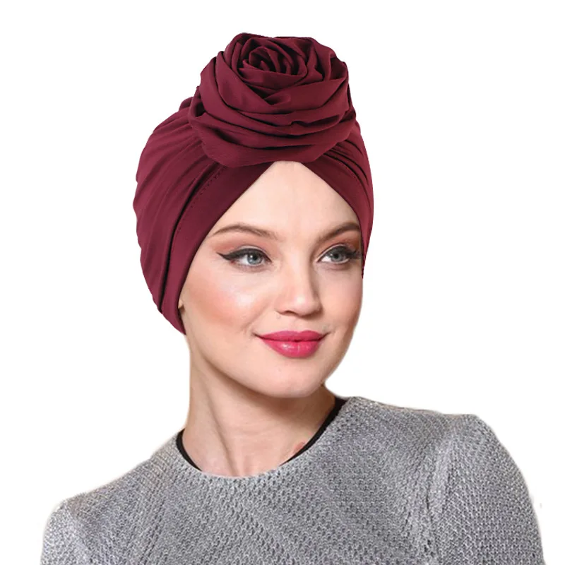 New Rose Elastic Headband Hat Ethnic Caps Muslim Baotou Hat Flower Fashion Turbans For Ladies Headbands African Women Hat