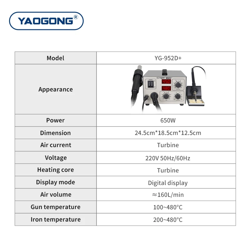 YAOGONG 952D+ 2 in 1 Hot Air Solder Station Lead Free Diaphragm Pump Heat Gun Soldering Iron SMD Rework Station Welding Machine