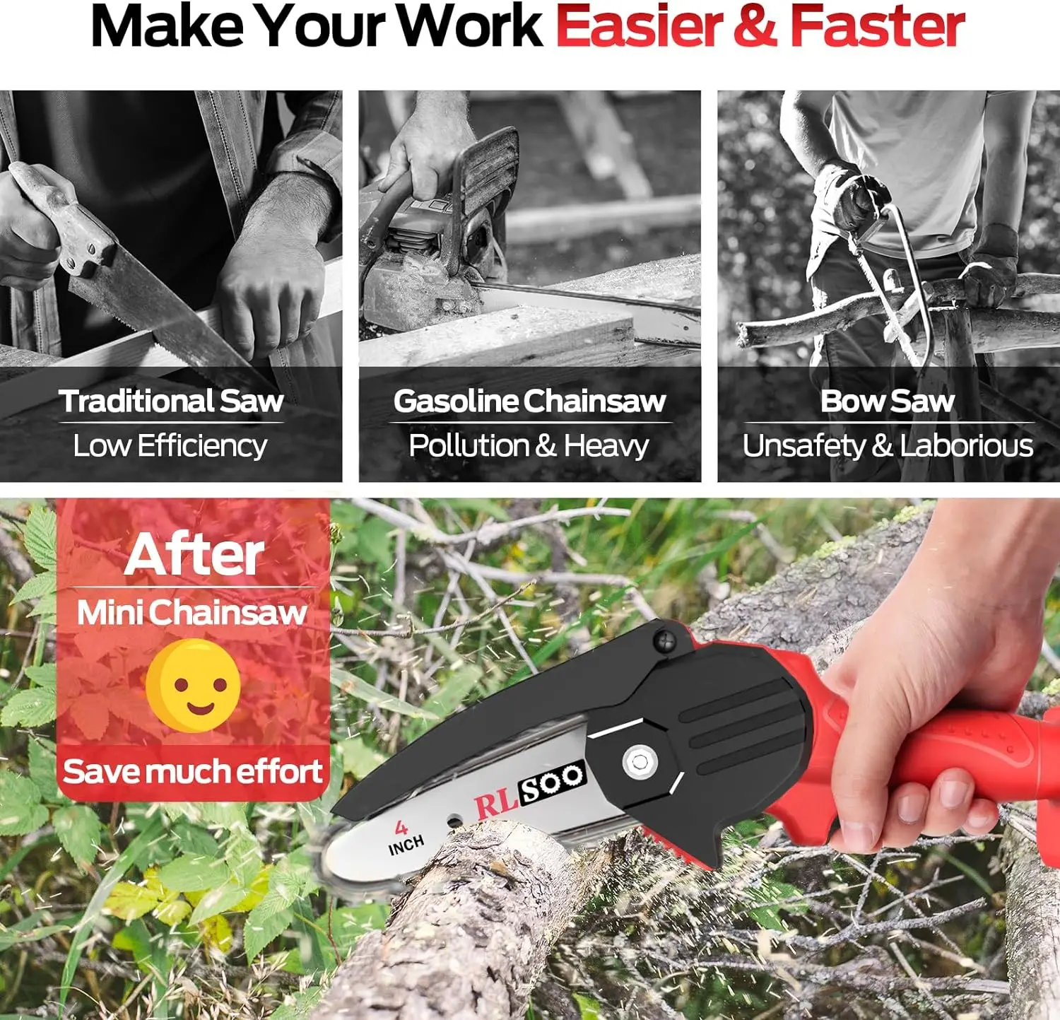 4-Inch Cordless Power Chainsaw Saws Portable Electric Chainsaw Pruning Shears Chainsaw for Courtyard Tree Branch Wood Cutting