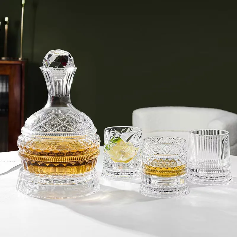 Wholesale Hot Sale Elegant Engraved Lead-free Crystal Glass Rotating Decanter Whiskey Red Wine Decanter