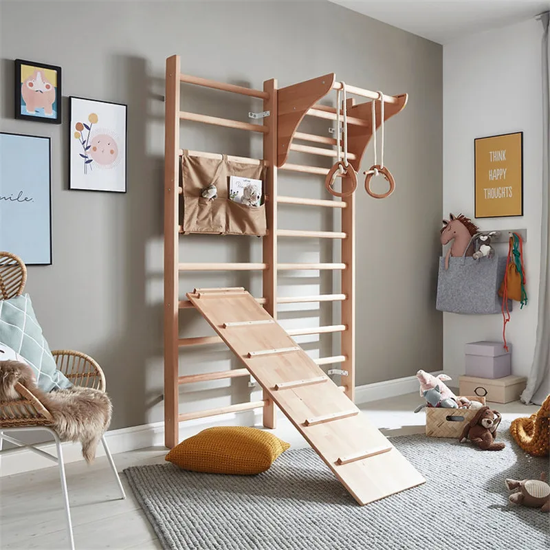 Wooden Climbing Frame indoor Playground Wall Mount Ladder Swedish Home Kids Gym