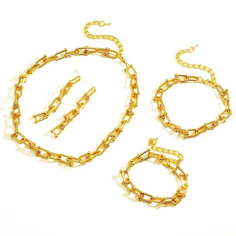 Cheap Wholesale gold metal foot ankle  bracelet cuban jewelry link shape necklace long chains and earing sets u chain earring