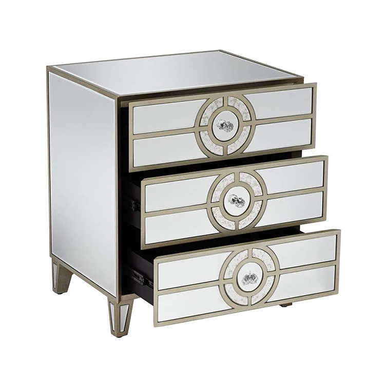 Bedside table Geometric circular design 3 drawer corner cabinet vintage mirrored chest for home Art Deco Side Table