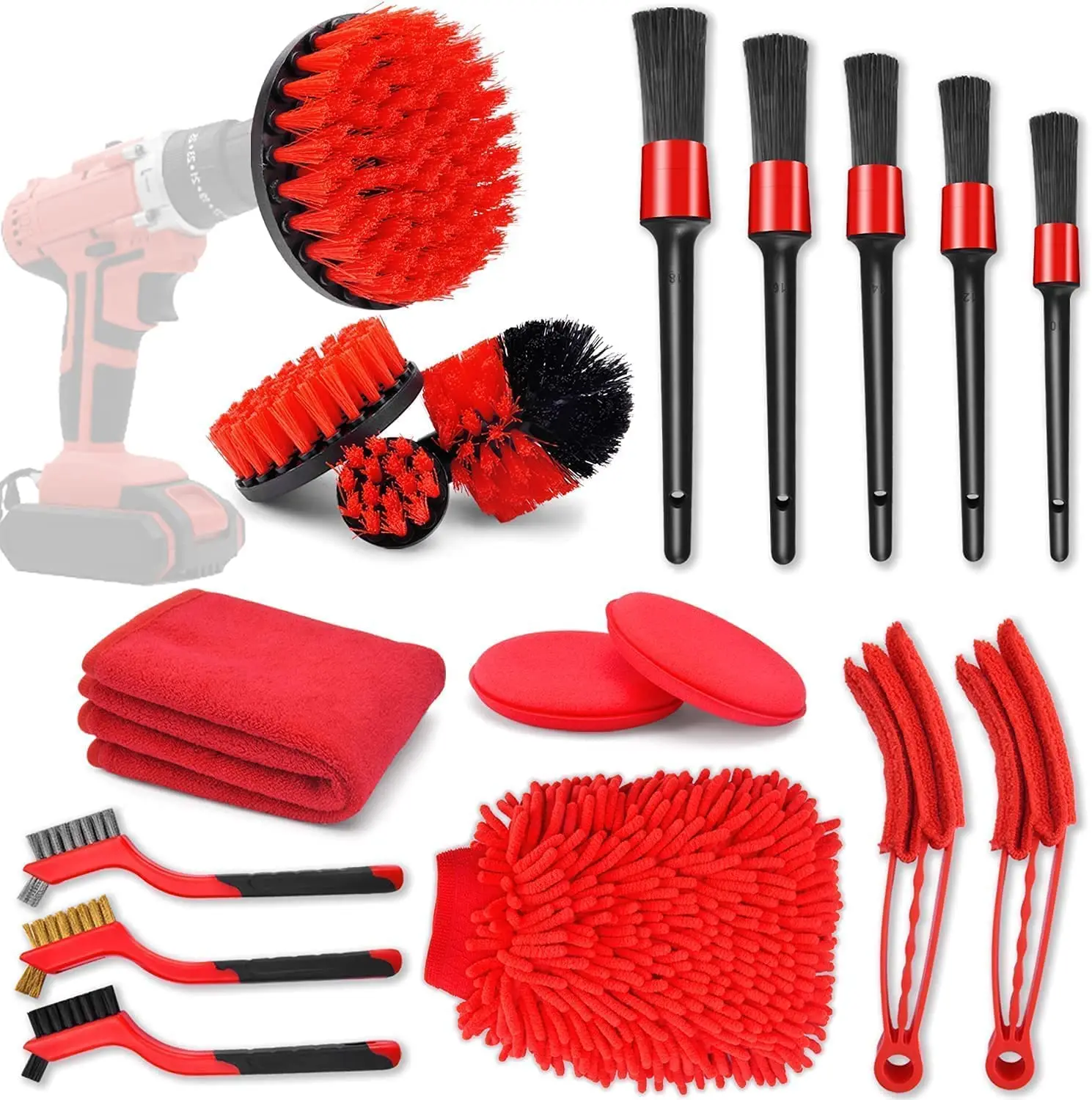 18 Pcs Professional and customized red car Washing kits car detailing brushes set Car cleaning kit