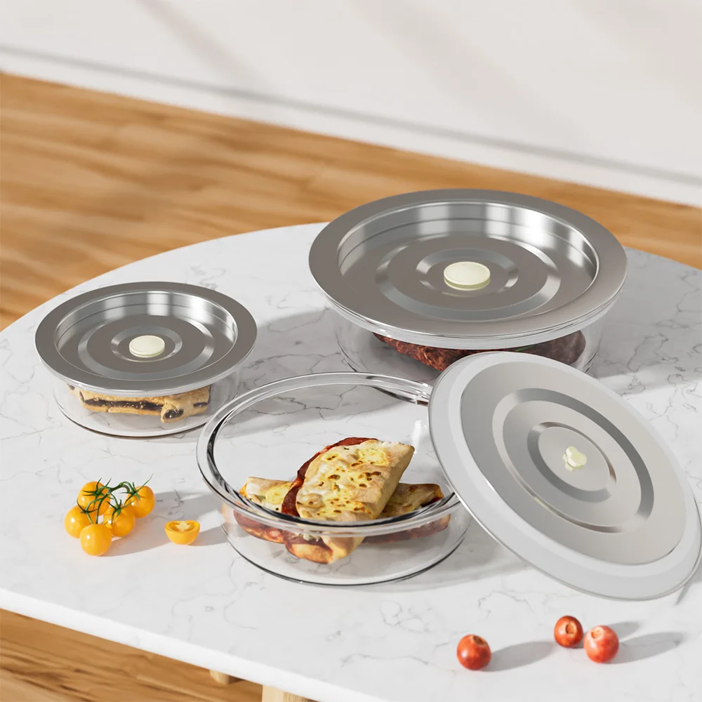Glass Lunch Bento Boxes with Vacuum Pump Steel Lids for Microwave Dishwasher Refrigerator Safe Leakproof Meal-Prep Containers
