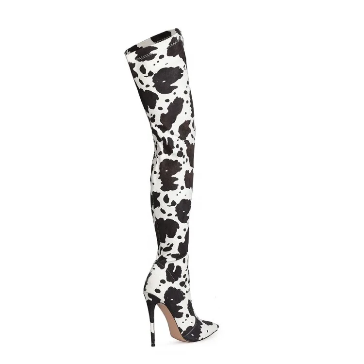 designer boots women famous brands Cow Print Stretch Fabric Pointy Stiletto Heels Thigh High Boots Women Long Boots