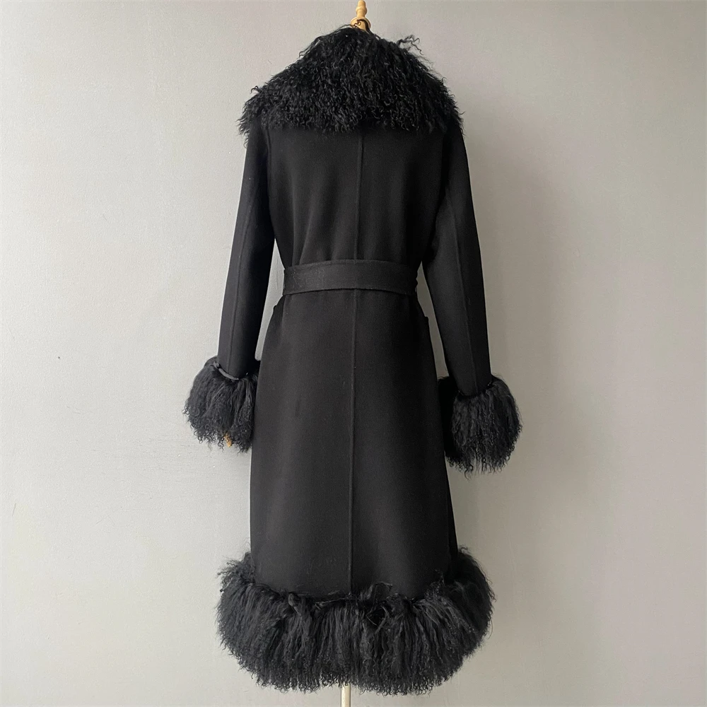 Wholesale Slim Trench Coat Long Style Luxury Real Mongolian Lamb Fur Collar Cuffs Winter Custom Logo Women Wool Solid Color Coat