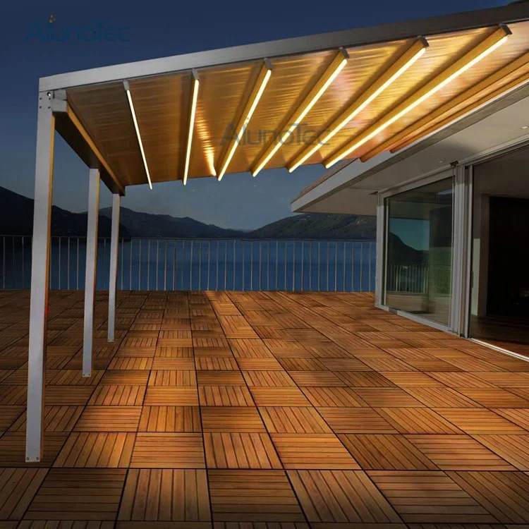 Modern Sun Shade Motorized Awning PVC  Pergola  Aluminum Retractable Awnings with LED Light