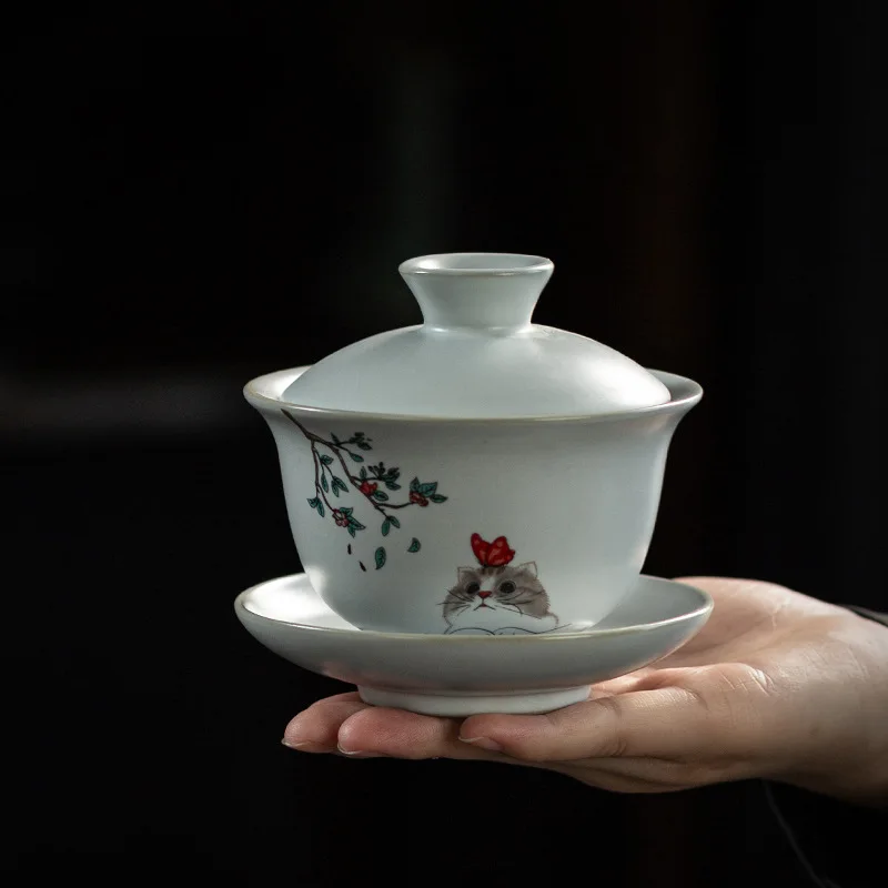 190ml 6.5oz Handmade ceramic cup with lid and Plate Chinese style cat Chawan White porcelain tea cup and saucers