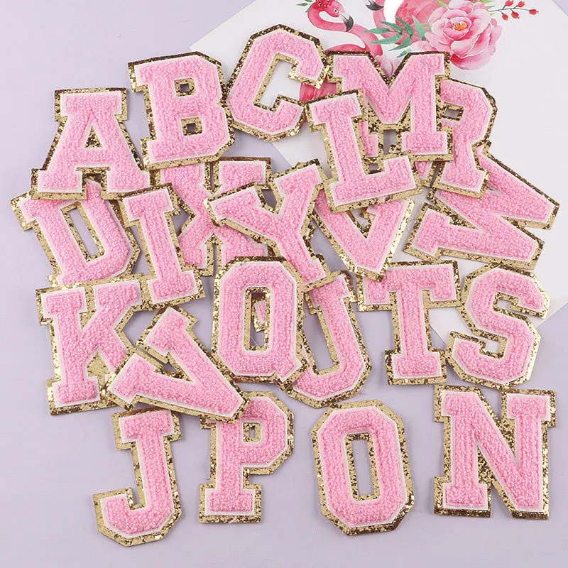 Neon Pink with Gold Border English Letter A-Z Iron On Adhesive Repair Alphabet Sewing Appliques Clothing Chenille Patch