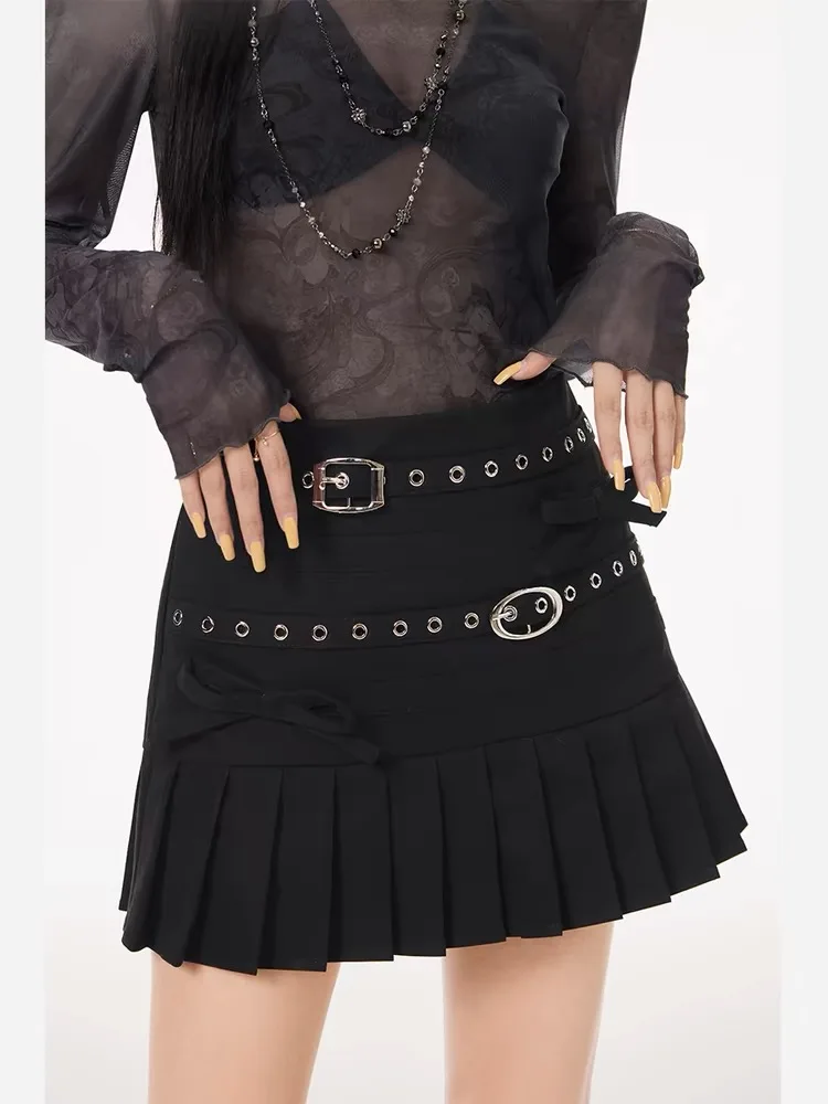 OEM ODM Ladies Casual Mini Skirt With High Rise Embroidered Denim Double Belt Bow Solid Black White Print Design