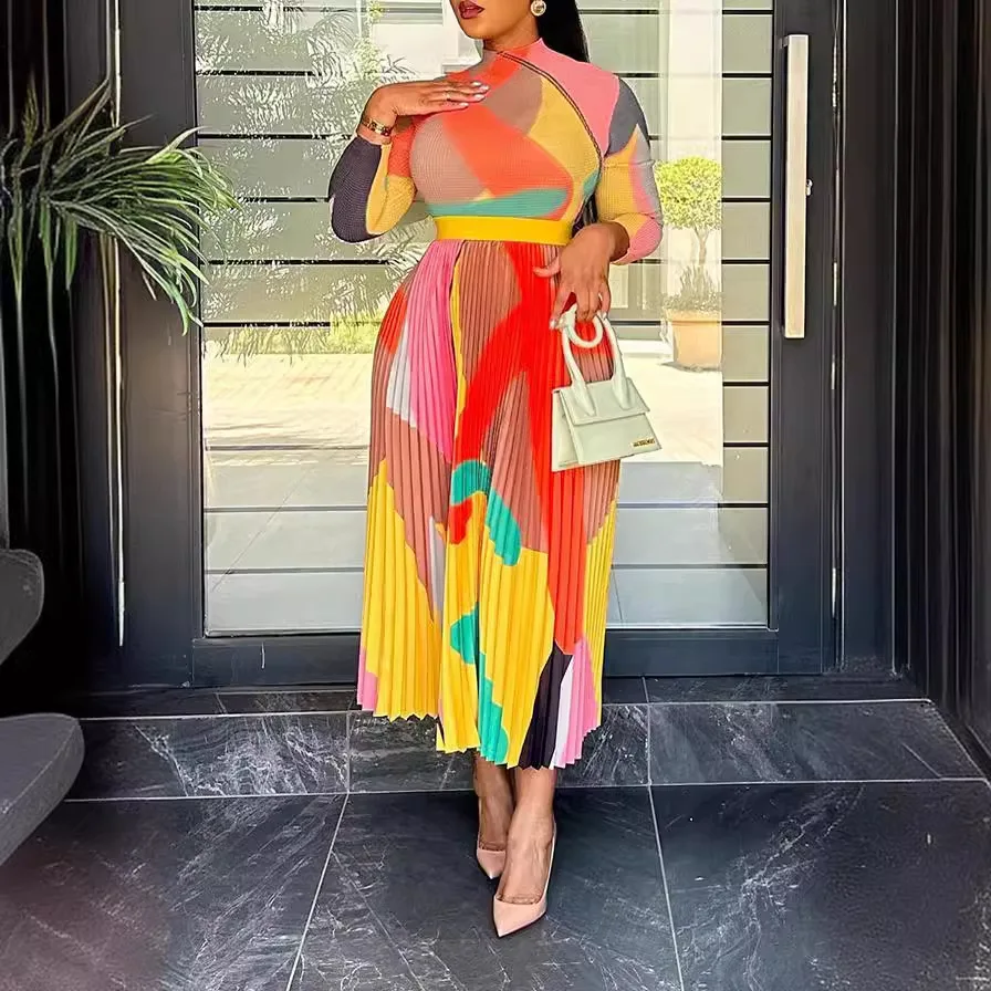 New Aliexpress Europe and the United States digital high-definition printed pleated dress spot sales