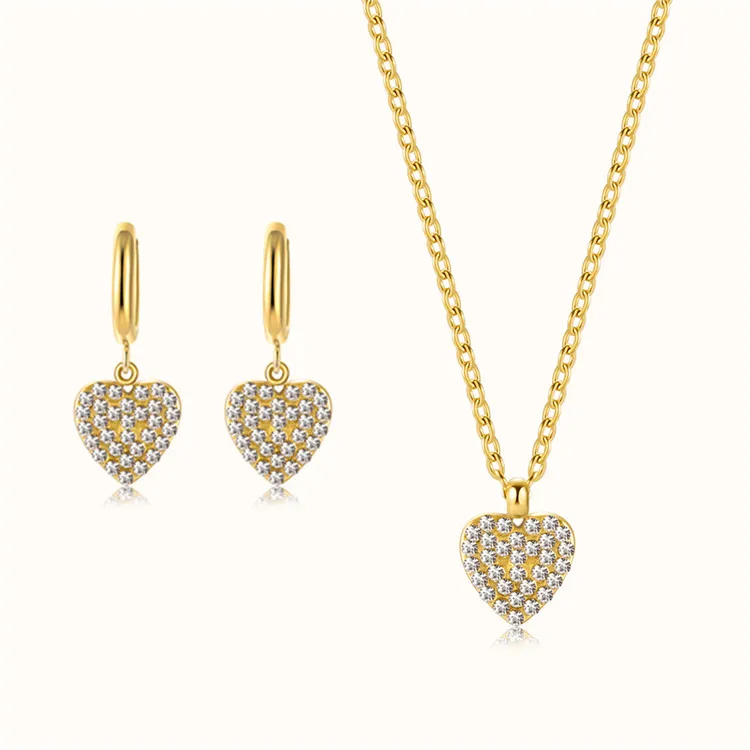 SP Fashion Love Full Diamond Earring Necklace Set Stainless Steel  18K PVD Plated Heart Necklace Earring Set