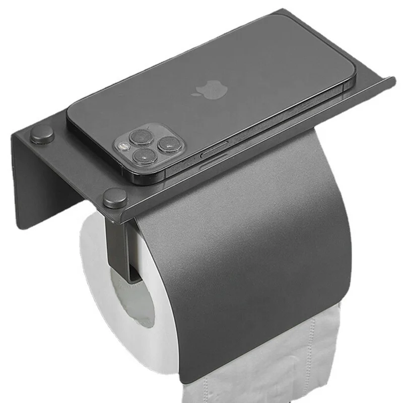 Stainless Steel Wall-mounted Multifunction Toilet Roll Standing Tissue Black Toilet Paper Holder With Phone Shelf