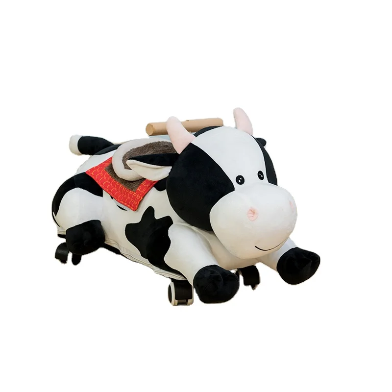 Material Cartoon Stuffed Animal Riding Cow Dog Toy On Wheel Plush Soft Baby Toddler Rocking Cartoon Sliding Ride On Toy