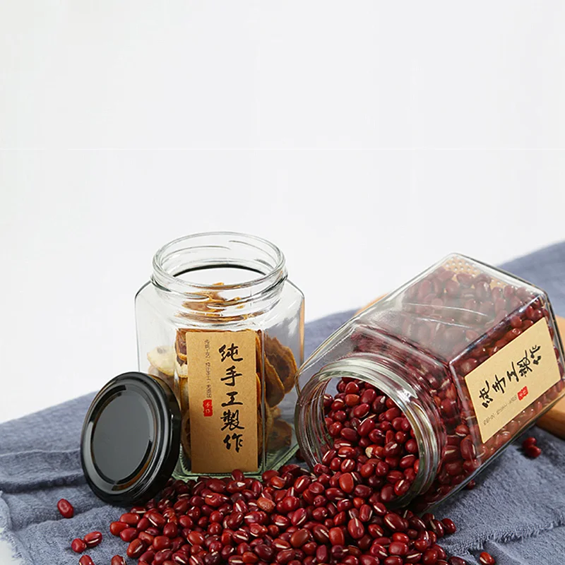 Wholesale Transparent Hexagon Glass Jar  Glass Honey Jam Jar with Metal Lid
