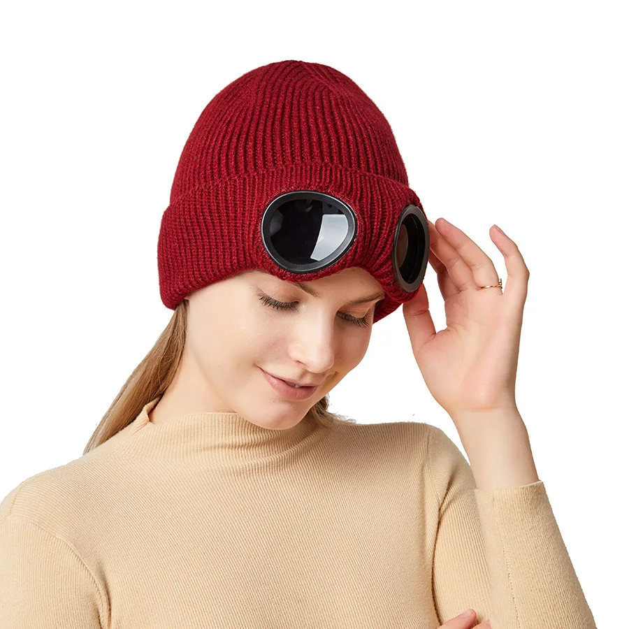 Autumn Winter Men and Women Cashmere Knitted Ski Windproof Glasses Warm Woolen Hat