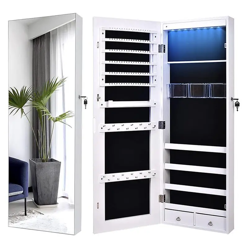 Custom White Wall Mounted Full Length Mirror Jewelry Cabinet With Led Mirror