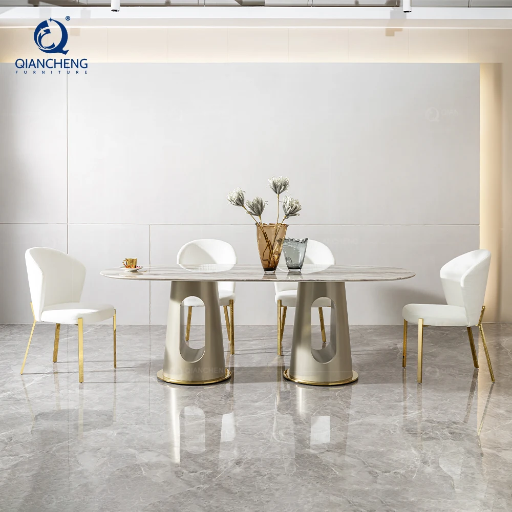 Wholesale nordic white marble top stainless steel dining table restaurant luxury gold dining 4 chairs and tables set
